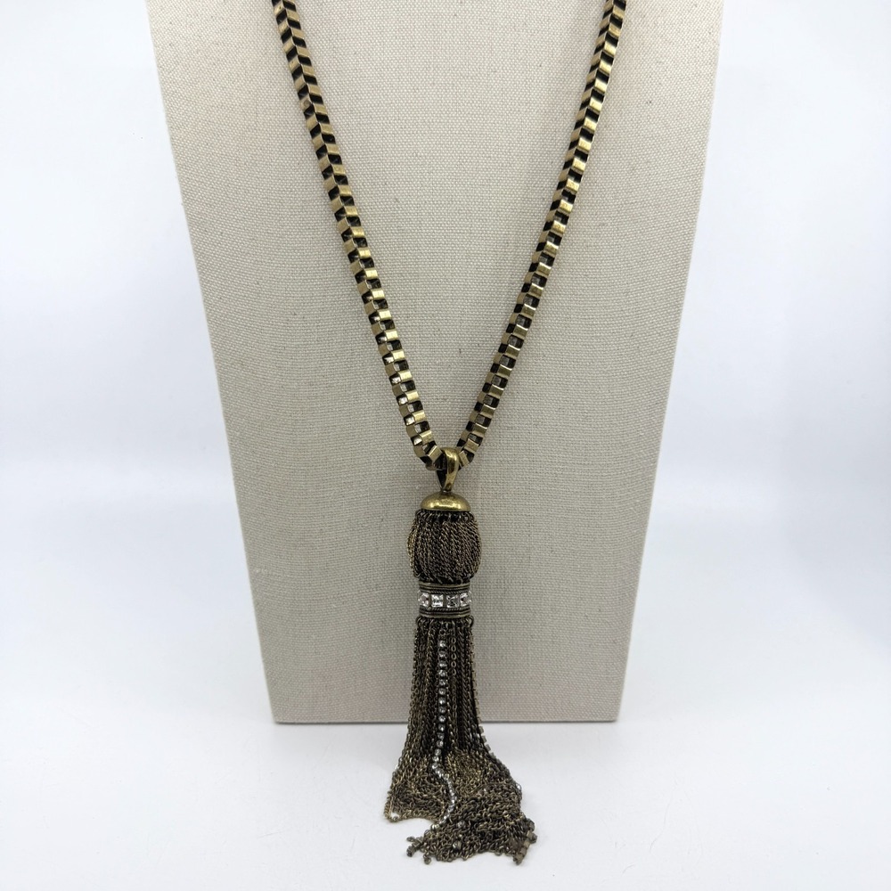 Antique Brass Tone Tassel Necklace with Sparkly Crystal Accent